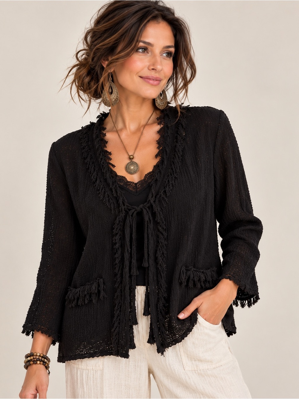 Tribal Black Openwork Tie-Front Cardigan